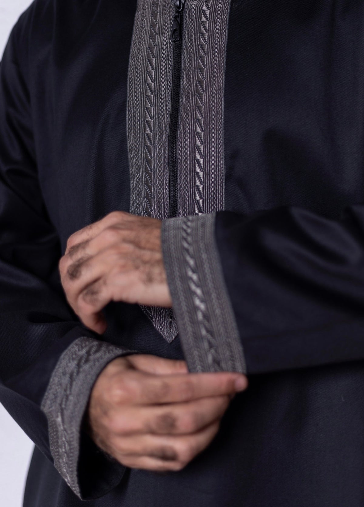 Black ( Grey Stitches Border - Long Sleeve ) kaftan