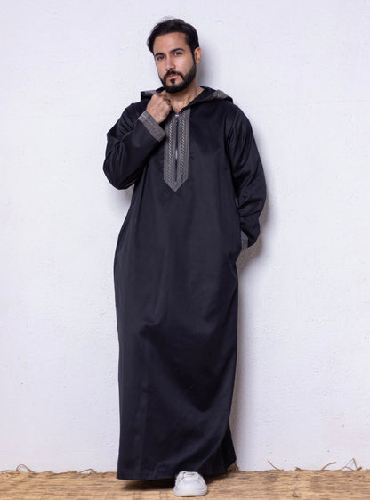 Black ( Grey Stitches Border - Long Sleeve ) kaftan