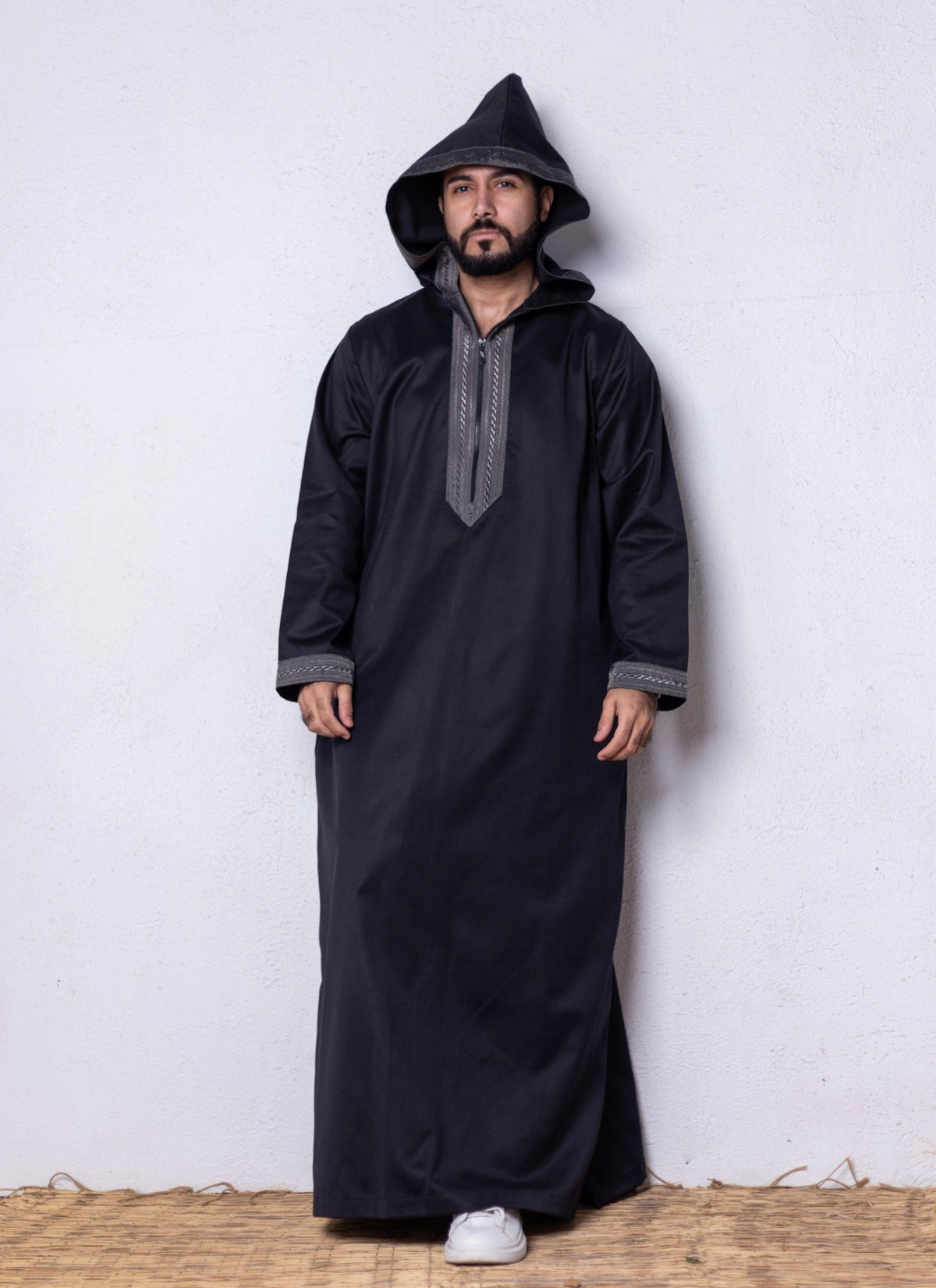 Black ( Grey Stitches Border - Long Sleeve ) kaftan